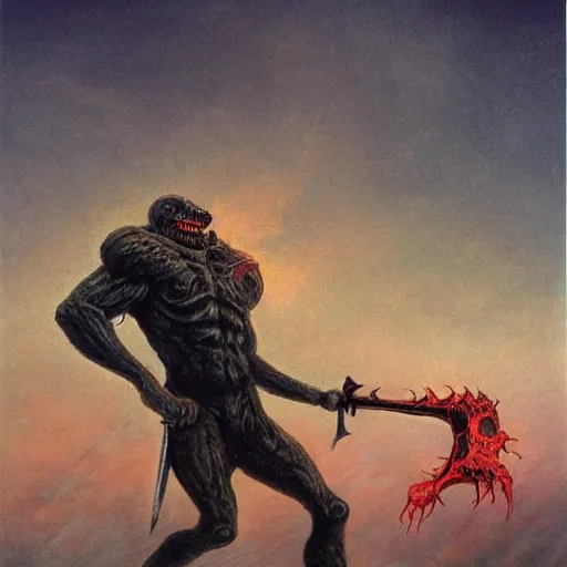 Prompt: Experimental art. a large, muscular demon-like creature with wings, standing in a dark, hellish landscape. The creature has red eyes and sharp teeth, and is holding a large sword in one hand. carmine by Quint Buchholz tender