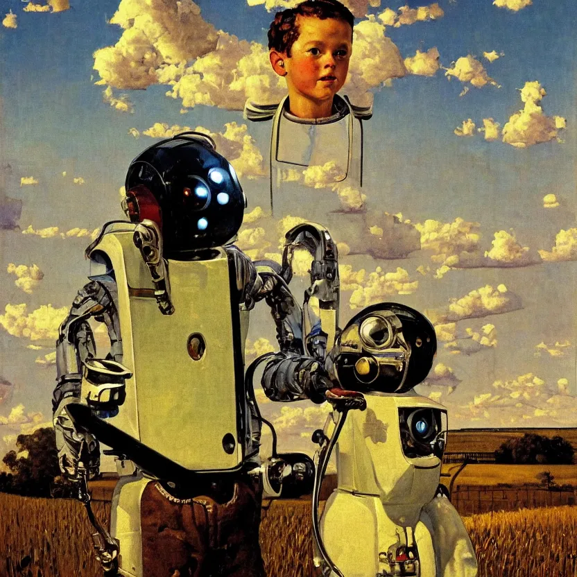 Prompt: portrait painting of a farmboy robot made of shiny reflective chrome in front of rolling cornfields and beautiful clouds at dusk, painted by norman rockwell. pulp sci - fi art for omni magazine. high contrast. dark background. baroque period, oil on canvas. renaissance masterpiece. trending on artstation. retrofuturism.