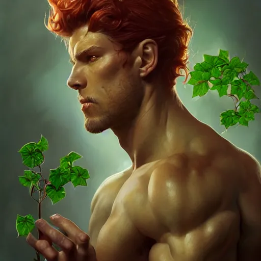 Image similar to A studio portrait of a photorealistic male muscular poison ivy wide angle, deep focus, D&D, fantasy, intricate, elegant, highly detailed, digital painting, artstation, concept art, matte, sharp focus, illustration, hearthstone, art by Artgerm and Greg Rutkowski and Alphonse Mucha