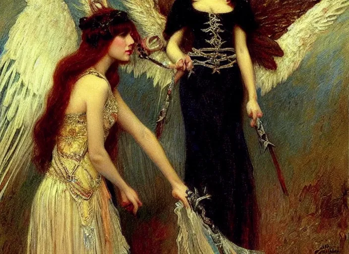 Image similar to horizontal prtrait of an angel knight gothic girl, baroque dress. by gaston bussiere