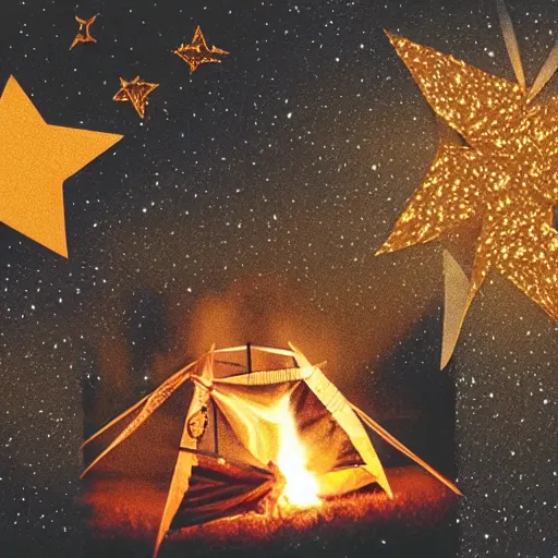 Image similar to a comfy crackling outdoor campfire in front of a very dark background of yellow illustrated stars, astrophotography, warm muted colors, cut paper collage with photograph and illustration