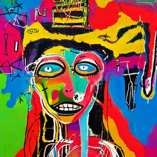 Prompt: acrylic painting of a bizarre psychedelic woman in a rainbow, mixed media collage by basquiat and jackson pollock, maximalist magazine collage art, retro psychedelic illustration