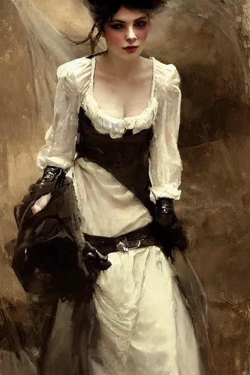 Prompt: Richard Schmid and Jeremy Lipking full length portrait painting of a young beautiful victorian steampunk vampire woman