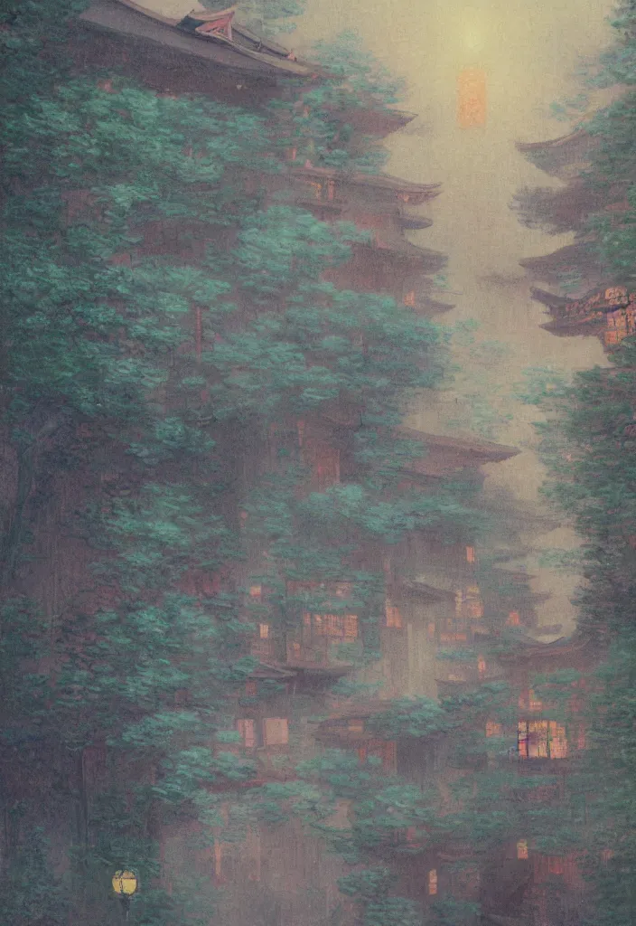 Prompt: a beautiful japanese city in the mountain, amazing ryokans and gorgeous edo era houses, yokai all around, epic cyberpunk, lofi vibe, colorful, vivide colors, amazing light, light beams with dust, really mesmerizing nature, by jeremy lipkin, by claude monet, by makoto shinkai, kandinsky touches, inspired by ghibli, masterpiece, beautiful