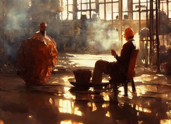 Prompt: oil painting of copper still in factory setting, art by anders zorn, wonderful masterpiece by greg rutkowski, beautiful cinematic light, american romanticism by greg manchess, reflections in copper, sunlight, dust and steam