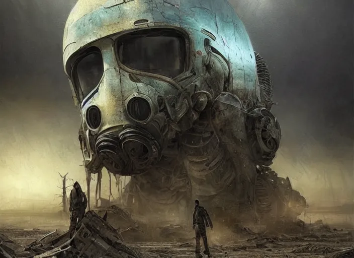 Image similar to concept art of men exploring a long abandoned planet, wreckage of trailers, dystopian atmosphere, apocalyptic road warrior vibe, an ultrafine detailed painting by by karol bak and filip hodas, trending on deviantart, pop surrealism, whimsical, lowbrow, perfect symmetrical face, sharp focus, octane, masterpiece, art by hans giger and wayne barlowe