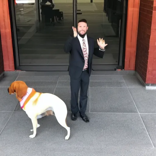 Image similar to Business dog waving goodbye to his dog coworkers