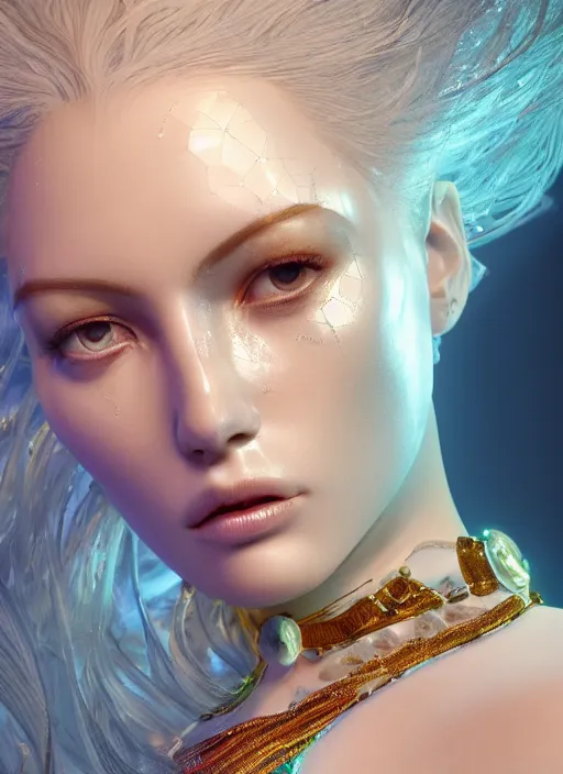 Image similar to beauteous sumptuous white pearlescent iridescent skin on face, crystal, gold, copper, bronze biomechanical with incredible iridescent pearlescent voluminous neon hair, crystalline masterpiece incrustations, hyperdetailed face, elegant pose, movie still, intricate, octane render, cinematic forest lighting, unreal engine, crepuscular rays, god rays