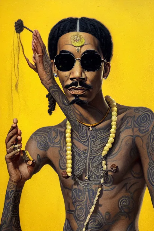 Image similar to full body portrait of wiz khalifa as mahatma gandhi, oil on canvas by william sidney mount, hindu art, great soul, black, black, yellow, yellow, trending on artstation