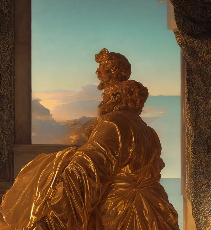 Image similar to a beautifully high detail, intricate, clear detailed portrait of a close up deptic of zeus with an ornate golden teal curtain at beautiful sunset daytime nature sunlit painting by frederic leighton and rosetti, 8 k, octane render