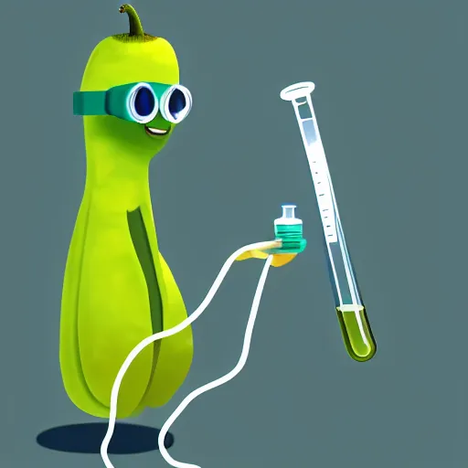 Image similar to a kiwifruit wearing a lab coat and goggles holding a test tube in a science lab, digital art, 8k, artstation