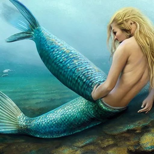 Image similar to High detail painting of a mermaid standin in an oyster, underwater fantasy world, full body, long blonde hair, blue eyes, fish tail, digital art, highly detailed, Greg Rutkowski, Chris Moore