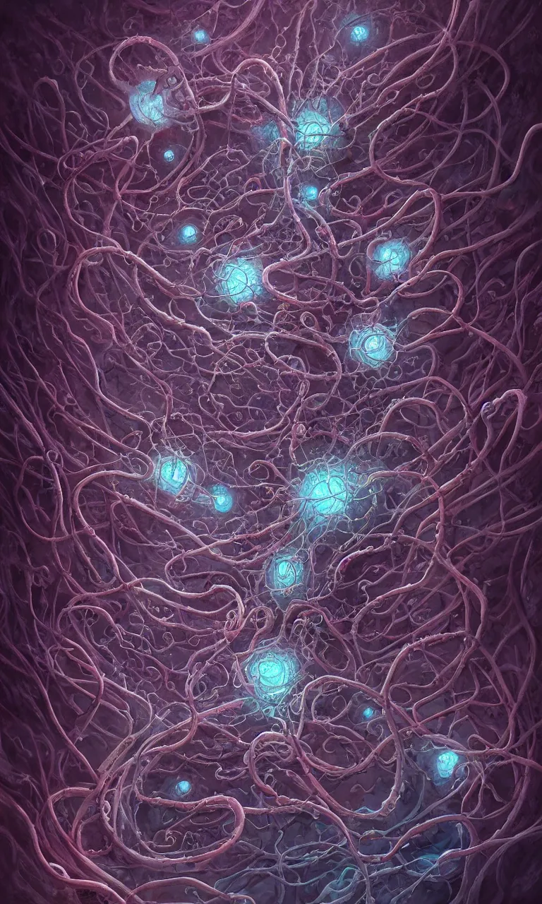 Prompt: internal lymphocyte virion rawandrendered synaptic fractality transmission embryonic beholder shoggoth glial neurons cyberpunk nerve cells microscopic octopus by wojtekfus facey rossdraws. neuronal iridescent neuron synapse by beksinski. # imaginativerealism