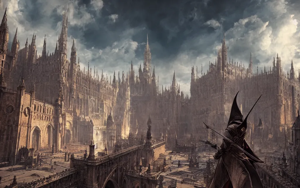 Image similar to Anor Londo under a beautifull sky, daylight. Highly detailed, digital art, smooth, sharp focus, illustration, octane render, vivid colors, concept art, 4k.