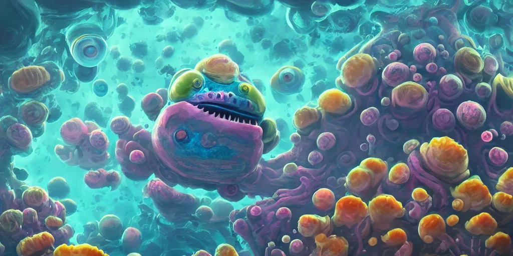 Image similar to of a colorful cloudy deep sea under water with strange cute friendly happy creatures with huge eyes, mouth, long tongue and round teeth appearing from sandy coral, in the style of gehry and gaudi, macro lens, shallow depth of field, highly detailed, digital painting, trending artstation, concept art, illustration, cinematic lighting, photorealism, epic, octane render