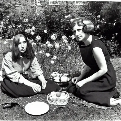 Prompt: delia derbyshire and daphne oram are having a picnic in a beautiful garden. folk horror art style. realistic.