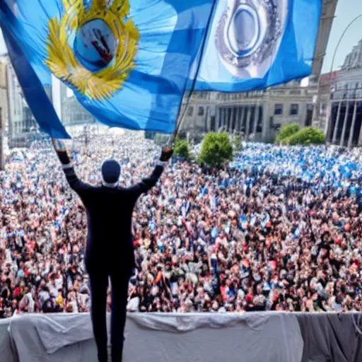 Image similar to Lady Gaga as president, Argentina presidential rally, Argentine flags behind, bokeh, giving a speech, detailed face, Argentina