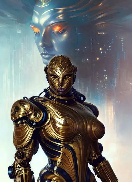 Prompt: perfectly centered full figure portrait of royal bengal tiger, sci - fi armour, muscular! cyberpunk, intricate, elegant, highly detailed, digital painting, artstation, concept art, sharp focus, illustration, art by artgerm and greg rutkowski and alphonse mucha