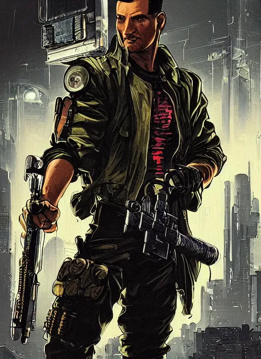 Prompt: menacing cyberpunk mercenary in military vest and jumpsuit wielding katana. dystopian. portrait by stonehouse and mœbius and will eisner and gil elvgren and pixar. realistic proportions. cyberpunk 2 0 7 7, apex, blade runner 2 0 4 9 concept art. cel shading. attractive face. thick lines.