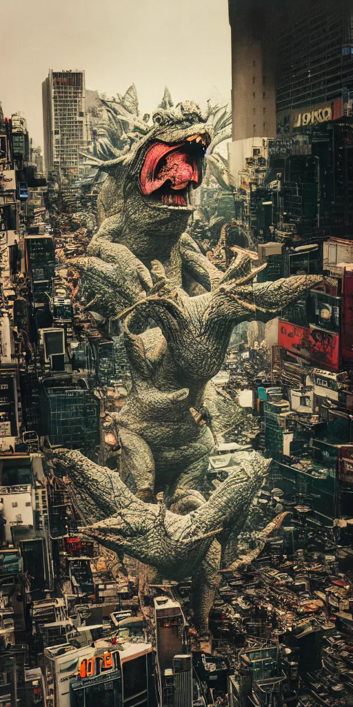 Image similar to 35mm photo of kaiju attack tokyo, realistic materials, creepy, textures, postprocessing, iridescent, full of color, dark, horror, photorealistic, wide angle lens, film look, Kodak Portra 400, 8K, highly detailed, unsettling