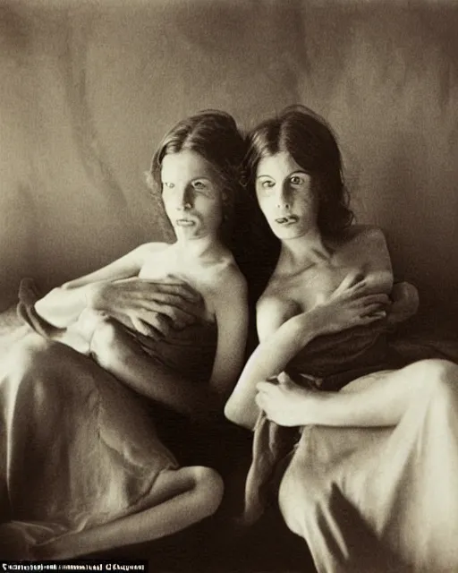 Image similar to two sisters in disheveled luxury, instant photo, by dorothea tanning, taken in the 1 9 7 0 s, atmosphere is eerie, dreamy, beautiful