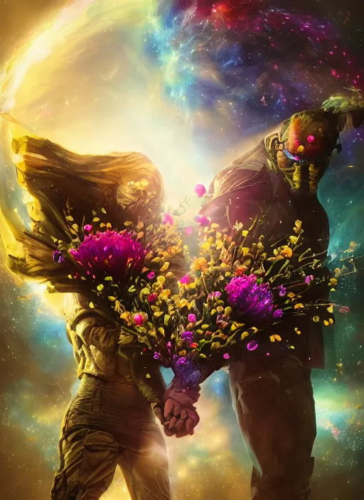 Image similar to An epic fantastic realism comic book style painting of the most beautiful entwined flowers launched across the dark galactic night sky, nebulous bouquets, fisheye lens, unreal 5, DAZ, hyperrealistic, octane render, dynamic lighting