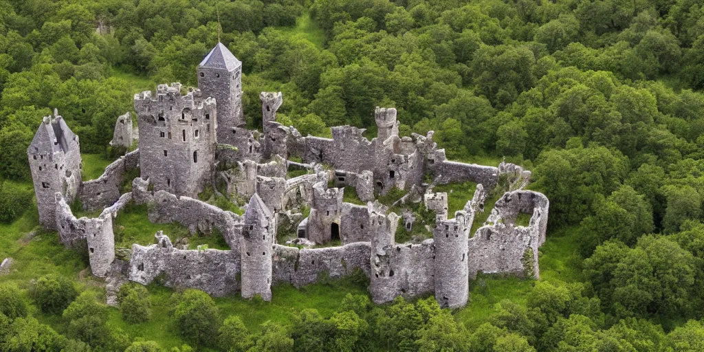 Prompt: an ancient broken down castle on a hill with trees growing through it, high definition, high detail, photorealistic, 8k