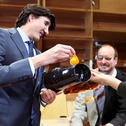 Prompt: pouring maple syrup over justin trudeau's head