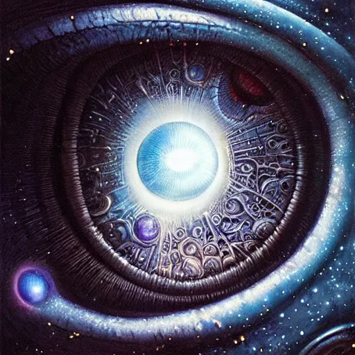 Image similar to low angle shot of a eye with the galaxy in the iris by clive barker, intricate, elegant, highly detailed, centered, digital painting, artstation, concept art, smooth, sharp focus, illustration, artgerm, Tomasz Alen Kopera, Peter Mohrbacher donato giancola, Joseph Christian Leyendecker, WLOP, Boris Vallejo.