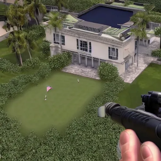 Image similar to nuclear secrets hidden in a fortified golf mansion in florida as a hitman video game mission, next gen screenshot, president trump is looking into the camera