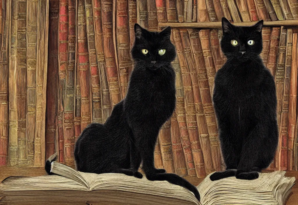 Prompt: a black cat with long hair trying to cast an spell from an old book in a victorian library, digital art, very detailed, trending on artstation