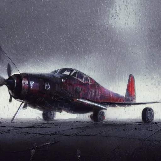 Prompt: movie frame of a vintage scrappy aircraft parked on the empty tarmac on a misty day, wet ground, neon lights, very wide angle shot, dramatic composition, by ian mcque, lip comarella, ferdinand knab, makoto shinkai and lois van baarle, artgerm, pixar, ilya kuvshinov,, tom bagshaw, global illumination