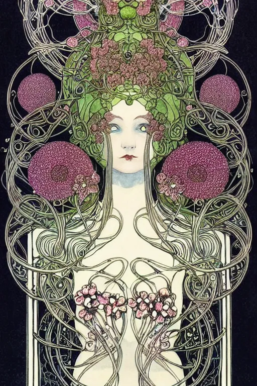 Image similar to centered detailed front view portrait of a beautiful female android with ornate flowers growing around, inside a vine frame ornamentation, flowers, elegant, dark and gothic, full frame, art by kay nielsen and walter crane, illustration style, watercolor