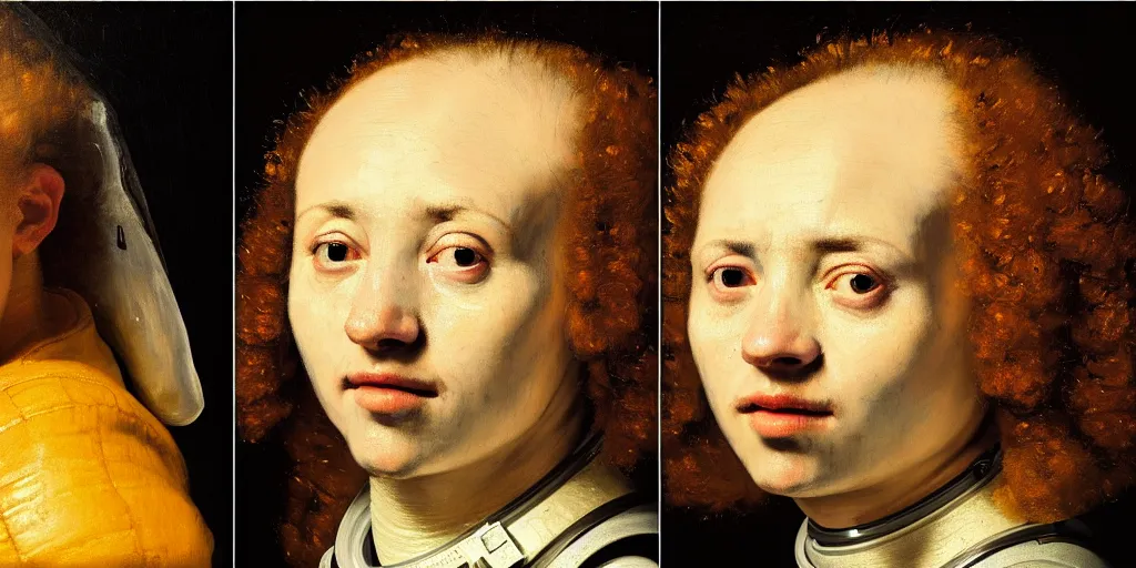 Prompt: a triptych of close up portraits of a very ordinary young woman in a NASA spacesuit, by rembrandt, oil paint, anatomically correct, beautiful perfect face, sharp focus, Highly Detailed, Cinematic Lighting, 8k, HD