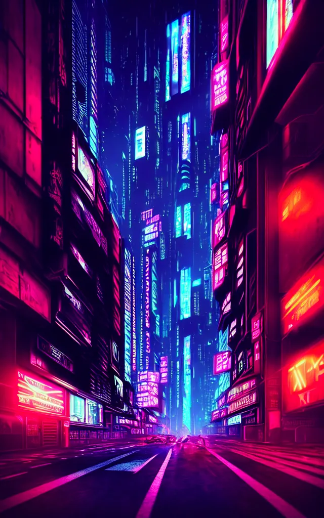 Prompt: a magnificent dark neon futuristic cyberpunk city bustling street at night cyberart photography by liam wong in the film akira rendered in octane, 3 d render, trending on cgsociety, blender 3 d
