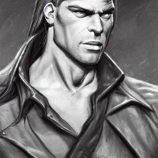 Prompt: portrait of a muscular, grim, ponytail haired blonde man in his late 30's, wearing a thick brown leather coat, looking to his side, hunter, DnD character, fantasy character, dramatic lighting, high detail, black and white digital art by Boris Vallejo