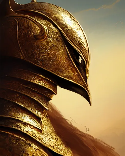 Image similar to realistic side view painting of the king of the desert, angry, wide angle, gold armour, sword, dramatic lighting, intricate, wild, highly detailed, digital painting, artstation, concept art, smooth, sharp focus, illustration