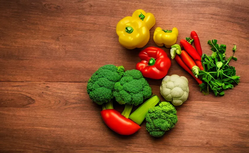 Image similar to top view of vegetables on wooden table, natural light, cinematic lighting, 8 k