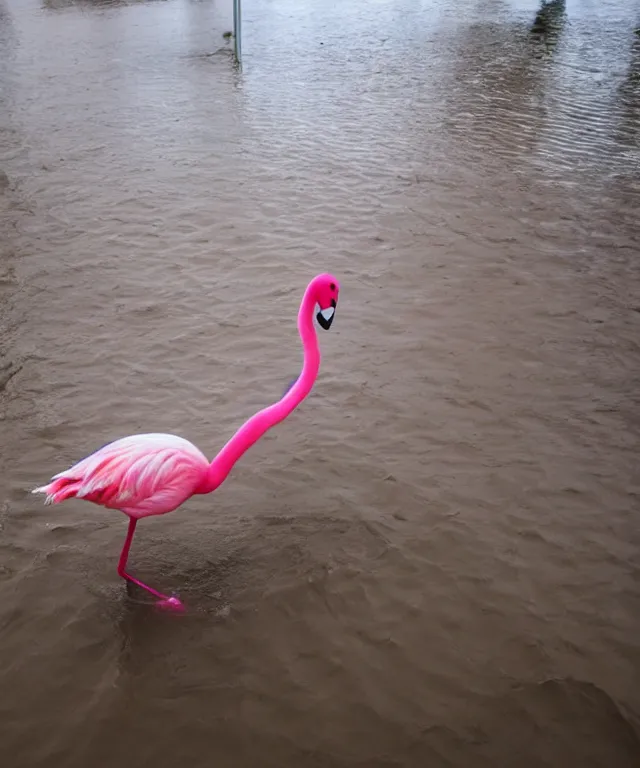 Image similar to breaking news : giant pink flamingo walking through the flooded roads of new york after heavy rainfalls, professional photography taken from a helicopter