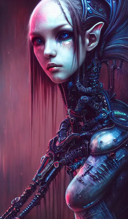 Prompt: a highly detailed long shot photo of cybergoth female character by ayami kojima, elf, beksinski, giger, elf, intricate, digital painting, artstation, concept art, smooth, sharp focus, full body shot