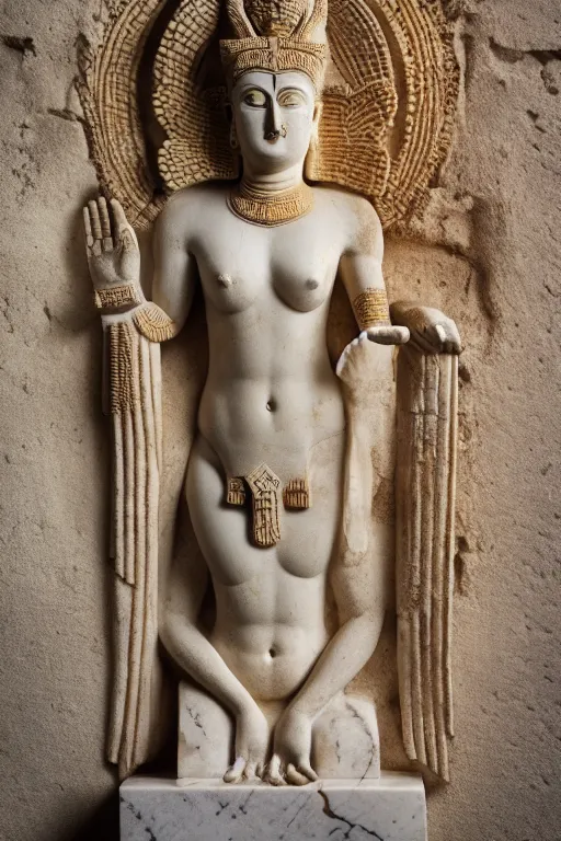 Image similar to photo of the ancient statue of extremely beautiful demon goddess from sumeria, marble and gold materials, symmetrical, cinematic, real dlsr photography, sharp focus, 4 k, ultra hd, sense of awe, archeology journal cover