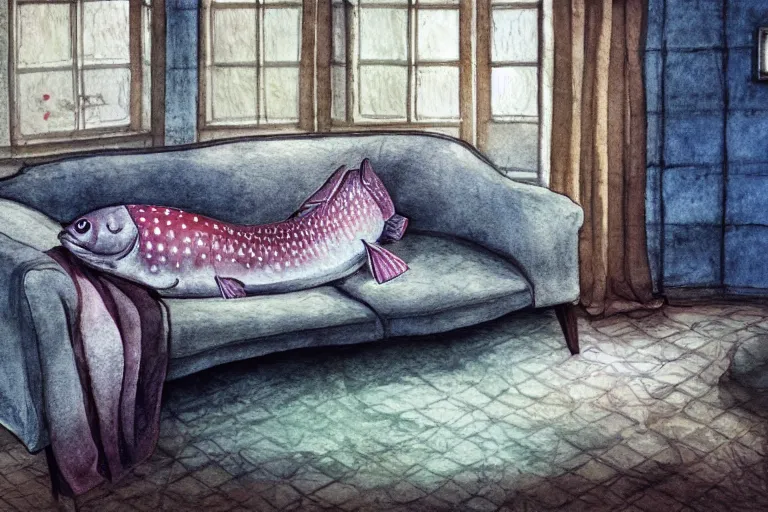 Image similar to charming and chubby huge fish, wearing a polka dot cloths and, lye on the fancy sofa, in the large and bright studio. sunlight enters through the barred window. delicate watercolor and pencil on canvas. beautiful lighting, 4 k post - processing, highly detailed, 5 k extremely detailed, 3 d. cinematic scene.