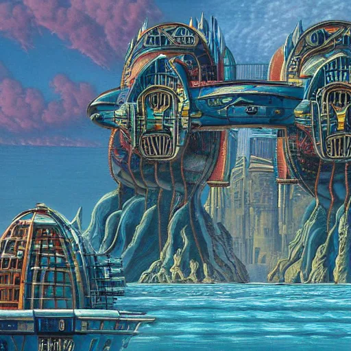 Image similar to side view a beautiful painting of a shark palace by Angus Mckie, Trending on artstation future space