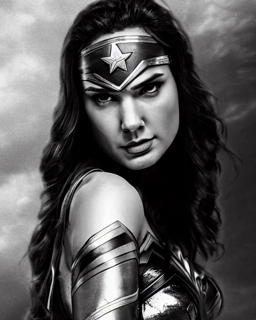 Prompt: tired angry wonderwoman portrait hd sharp monochrome technoir photo with mix of gal Gadot and Linda Carter in frank Miller Alex Ross style detailed trending on artstation Leica Zeiss depth of field