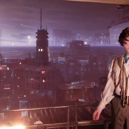 Image similar to screen capture from a live - action bioshock movie. andrew ryan, played by evan peters, is shown standing in an turn of the century style office front of an immense floor - to - ceiling window looking out into the underwater city of rapture. the lights of the city are shining in the distance and an abundance of sea life is shown.