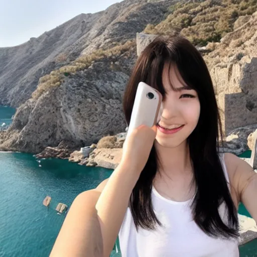 Prompt: female korean twitch streamer visiting greece and taking selfies