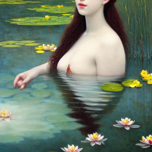 Image similar to a painting of a woman with greek white clothes floating in a pond of water lillies, a fine art painting, by liu jun, cgsociety, deviantart, pre - raphaelitism, figurative art, magical realism, detailed painting, made of flowers