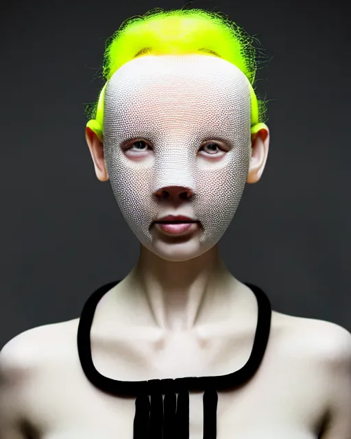 Prompt: portrait of a woman wearing a white embroidered translucent silicone mask and white neon yellow frizzy hair buns, wearing a black bodysuit by alexander mcqueen, cream white background, soft diffused light, biotechnology, humanoide robot, bjork aesthetic, translucent, by rineke dijkstra, intricate details, highly detailed, masterpiece,