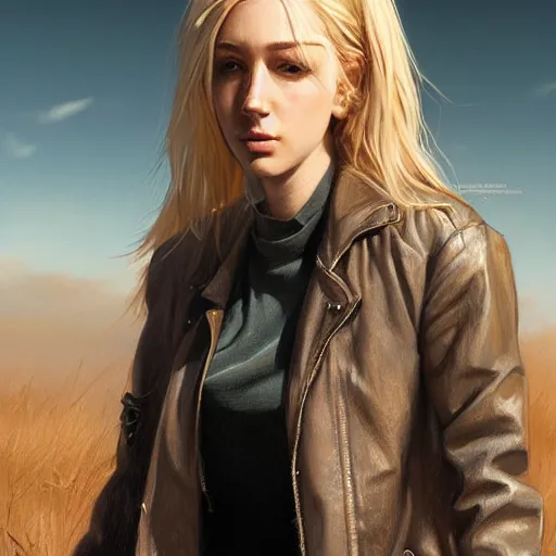 Image similar to hot looking blonde girl wearing jacket, light stubble, digital art, photorealistoc, art by greg rutkowski, hyperdetailed, western comic style, comic, comic style, sharp lineart, professional lighting, deviantart, artstation, trevor henderson, rossdtaws, cinematic, dramatic