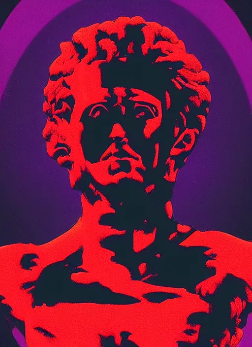 Image similar to black background with very subtle red and purple design elements, statue of julius caesar, powerful, nekro, graphic design, collage art, thin lines, dark, glitch art, neo vaporwave, gritty, layout frame, square, trending on artstation